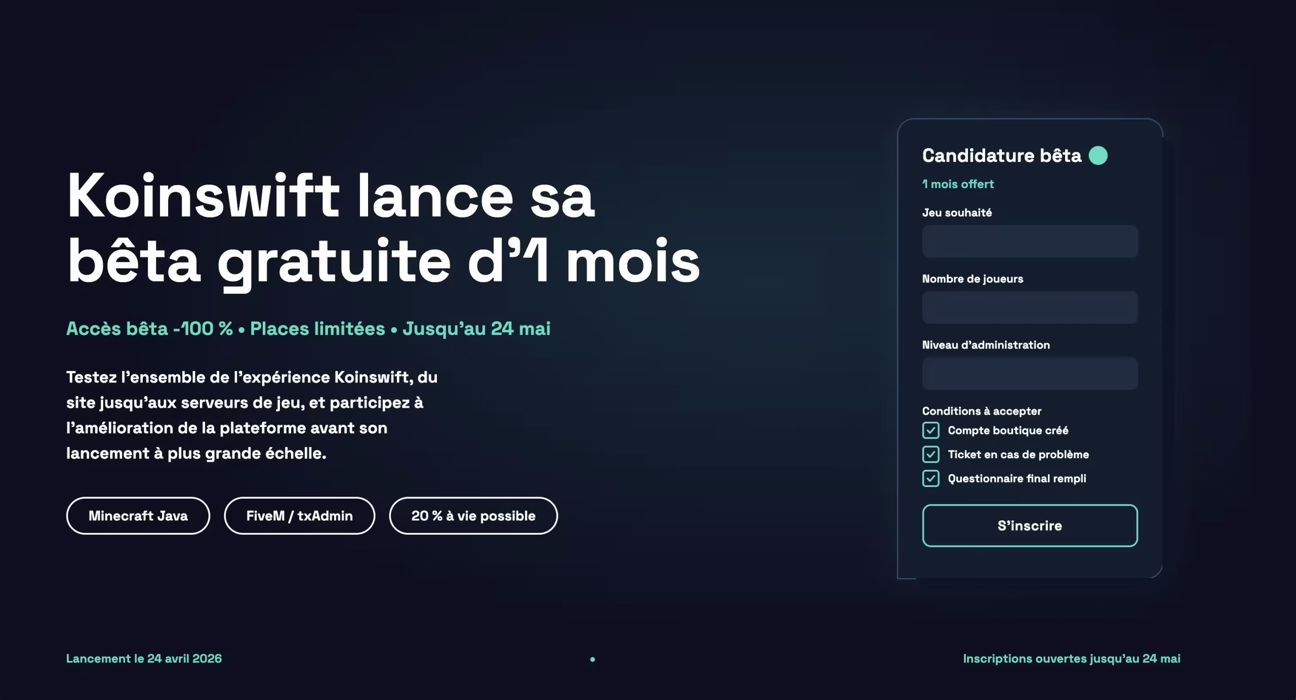 Bêta gratuite Koinswift pour tester des serveurs de jeux pendant 1 mois
