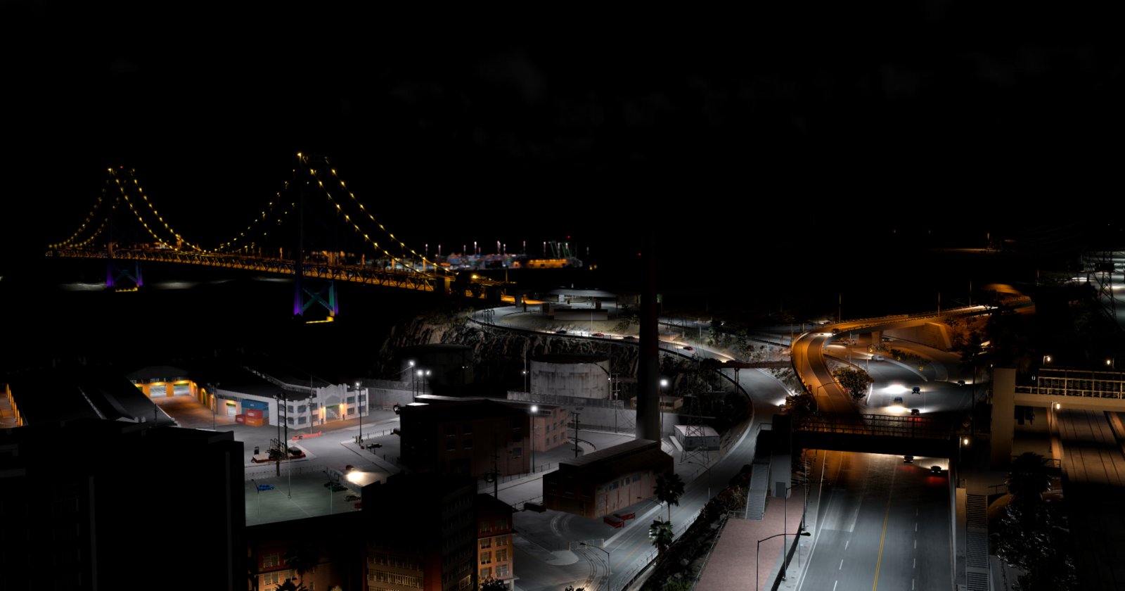 Vue nocturne de West Coast, USA dans BeamNG.drive v0.39, avec le nouvel éclairage de nuit du niveau