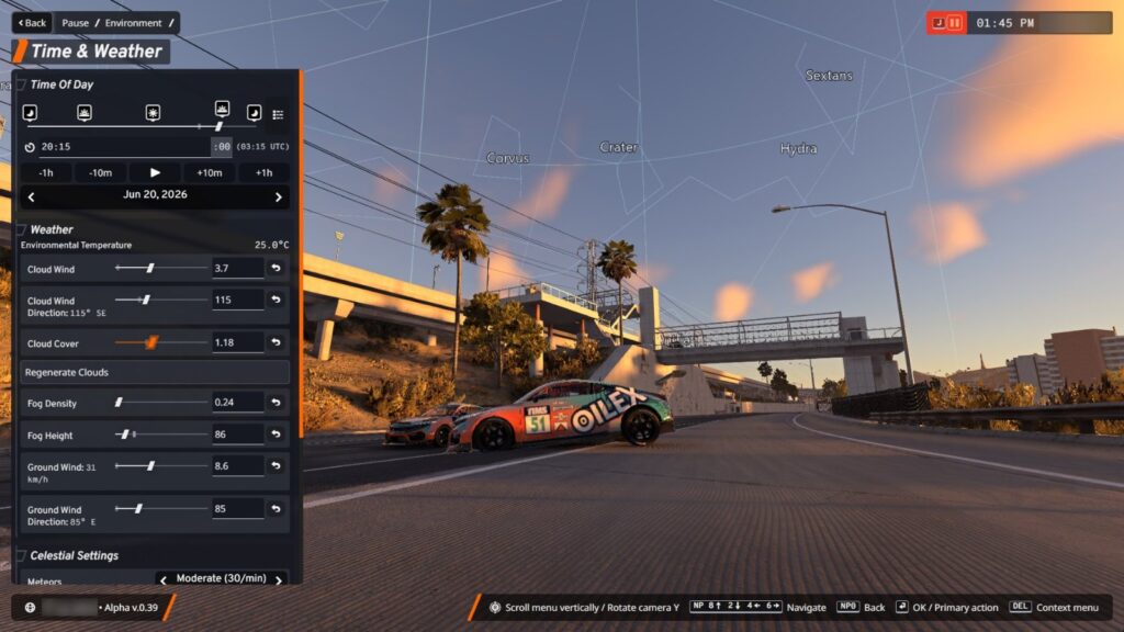 Panneau Time & Weather du mode photo de BeamNG.drive v0.39, avec réglages d’heure, de vent et de nuages