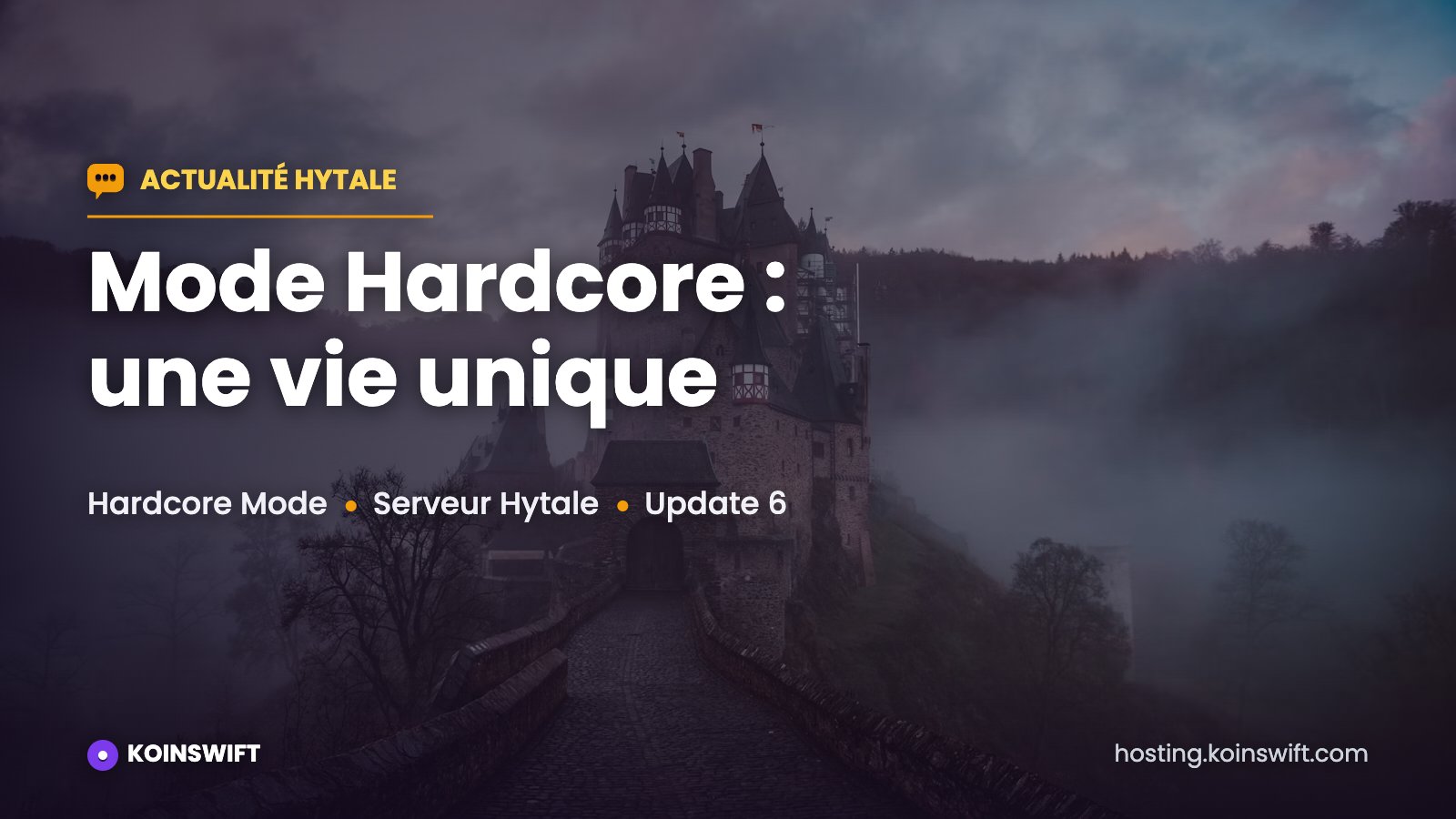 Illustration de couverture Hytale Update 6, mode Hardcore, château dans la brume