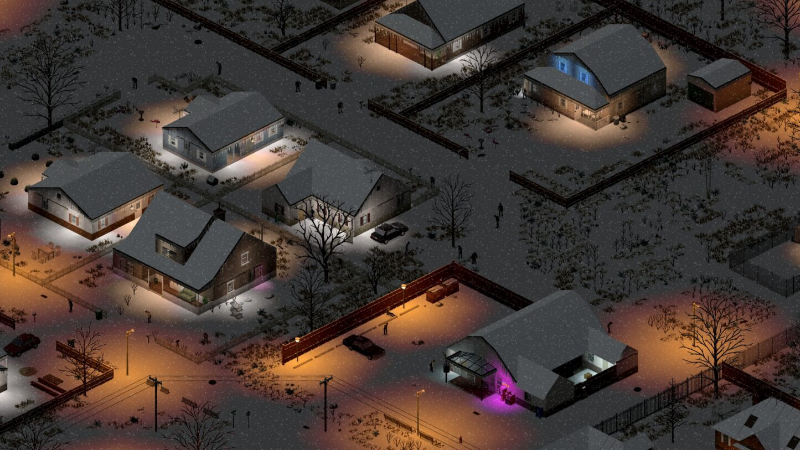 Capture officielle de Project Zomboid montrant un quartier remanié de nuit sous la neige