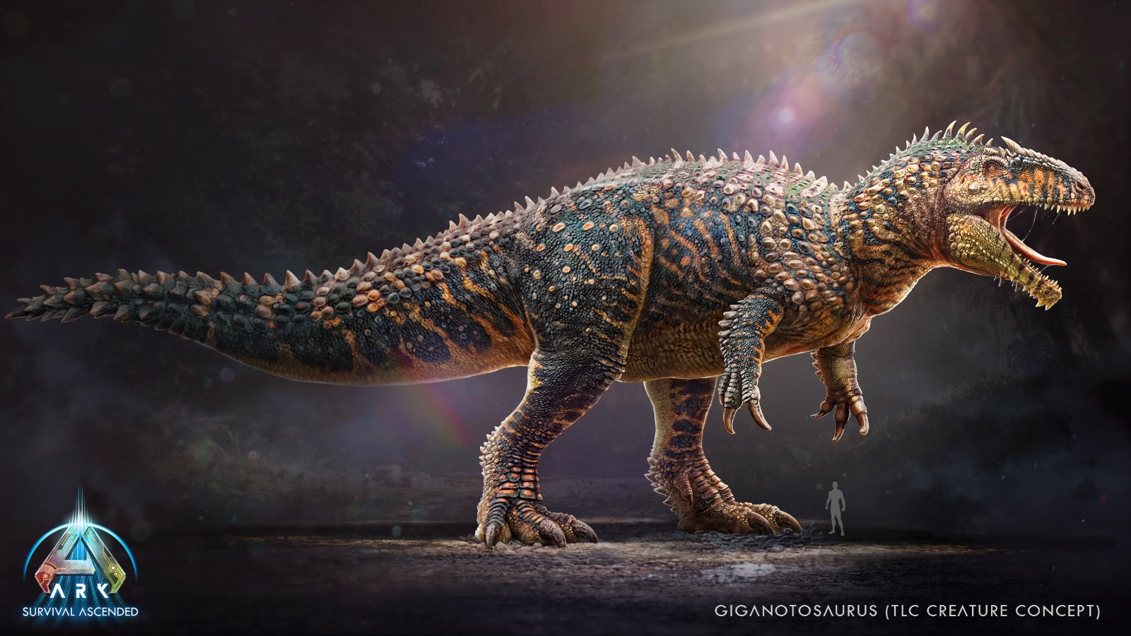 Concept art officiel du Giganotosaurus remanié pour ARK: Survival Ascended, avec une silhouette humaine servant d’échelle