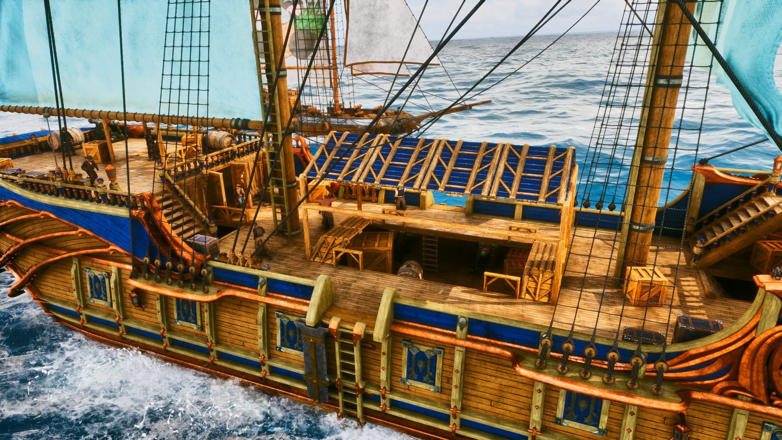 Pont d’un navire ARK: Survival Ascended recouvert de structures construites par les joueurs