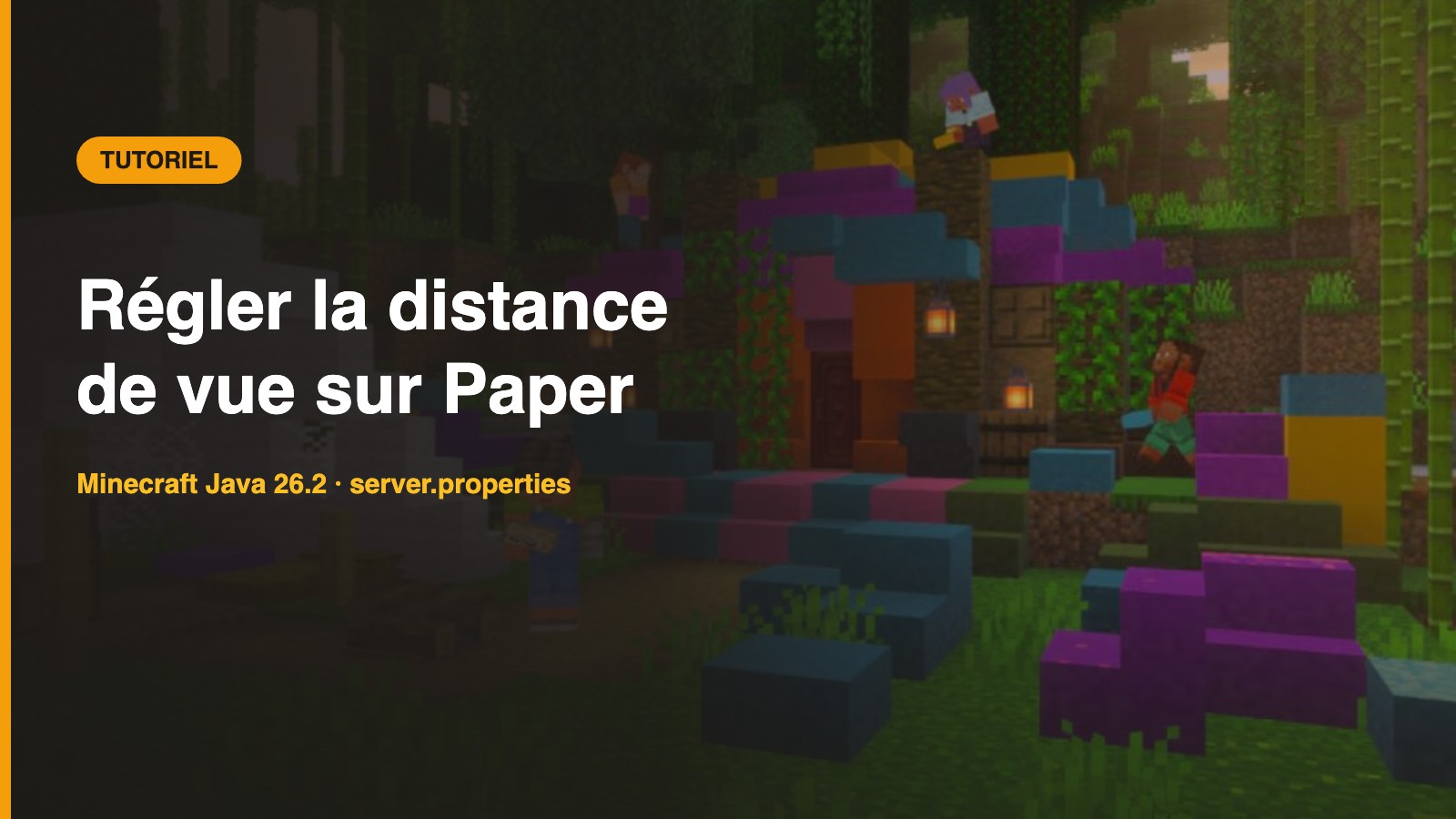 Scène Minecraft en jungle avec plusieurs joueurs, surmontée du titre « Régler la distance de vue sur Paper »
