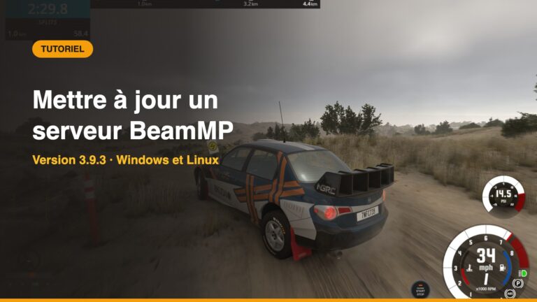 Couverture du tutoriel : mettre à jour un serveur BeamMP vers la version 3.9.3, sur fond de spéciale rallye BeamNG.drive