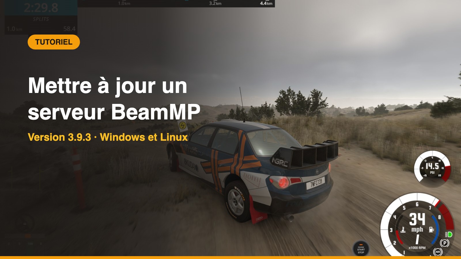 Couverture du tutoriel : mettre à jour un serveur BeamMP vers la version 3.9.3, sur fond de spéciale rallye BeamNG.drive