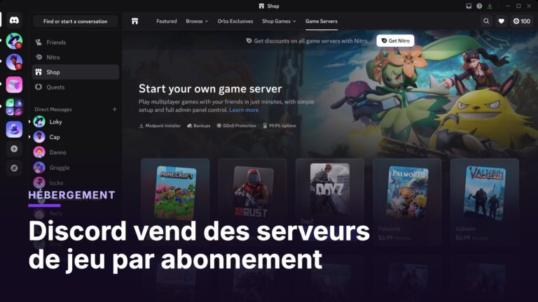 Onglet Game Servers de la boutique Discord, avec des serveurs de jeu proposés à l’abonnement