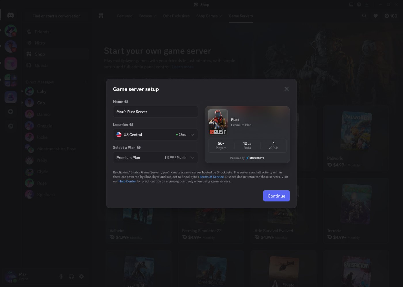 Fenêtre de configuration d’un serveur de jeu Discord : nom, localisation et formule, avec la mention Powered by Shockbyte