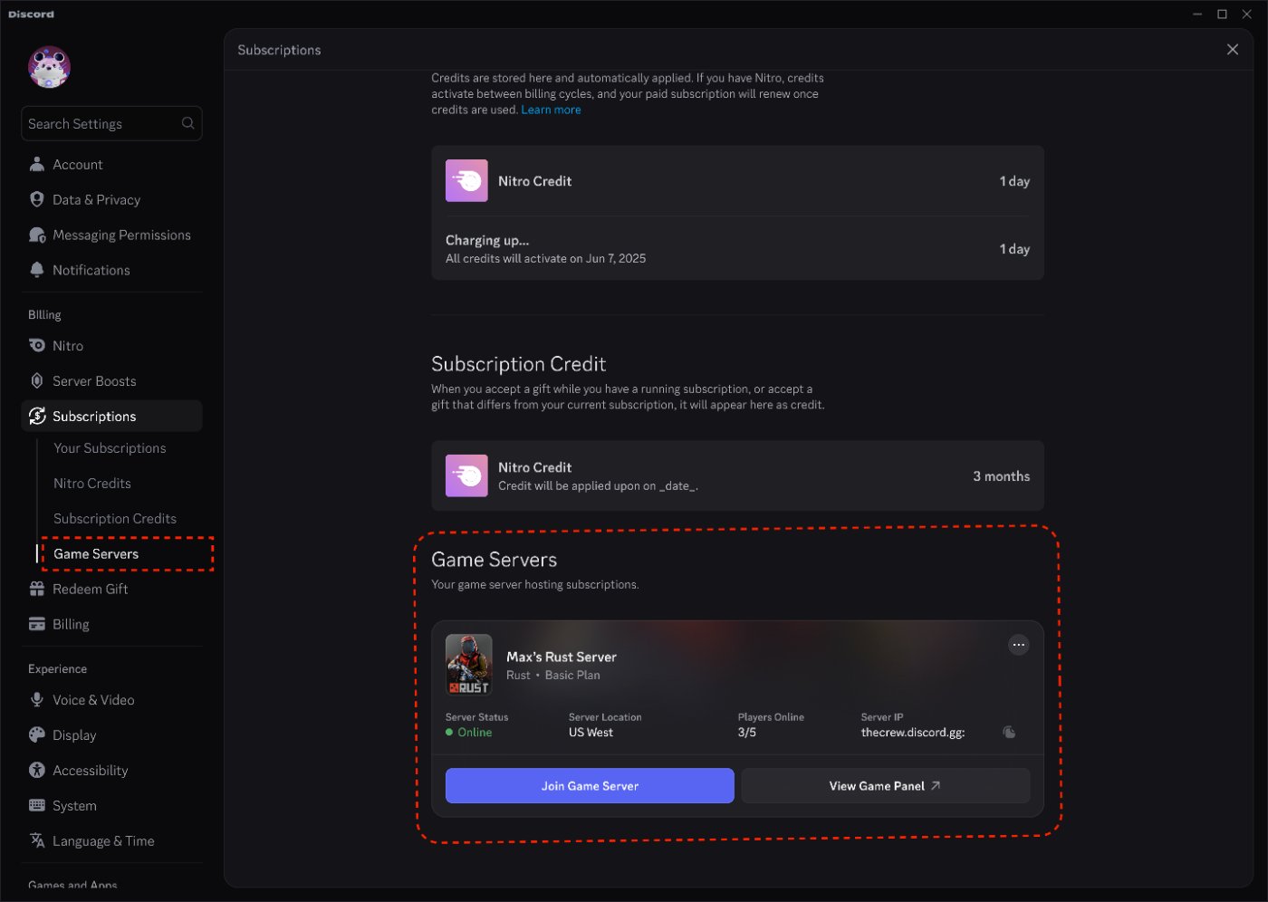 Section Game Servers des abonnements Discord affichant l’état du serveur, sa localisation et le bouton View Game Panel