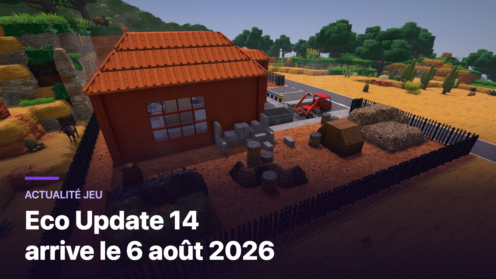 Zone de production dans Eco avec des blocs de déchets, des conteneurs et un véhicule, illustrant l'Update 14 Garbage & Recycling