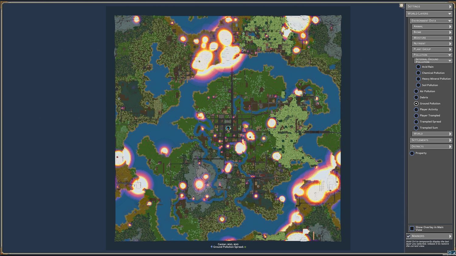 Carte de la pollution cumulée au sol sur le serveur de playtest officiel d'Eco