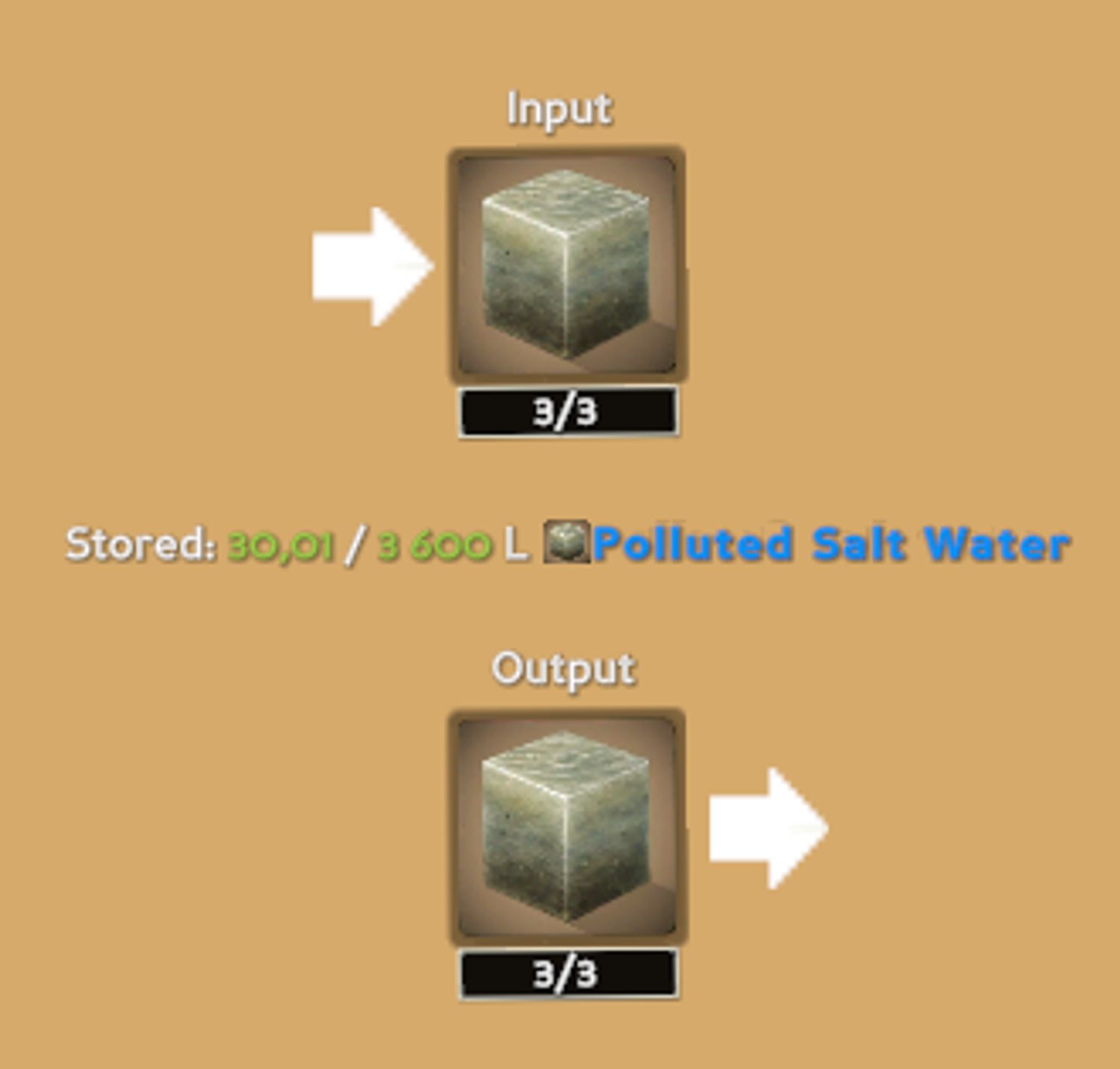 Interface d'une machine dans Eco affichant de l'eau salée polluée en entrée et un résidu solide en sortie