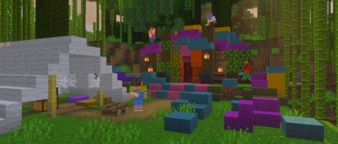 Camp Minecraft avec tente blanche et lanternes au milieu de bambous dans une jungle