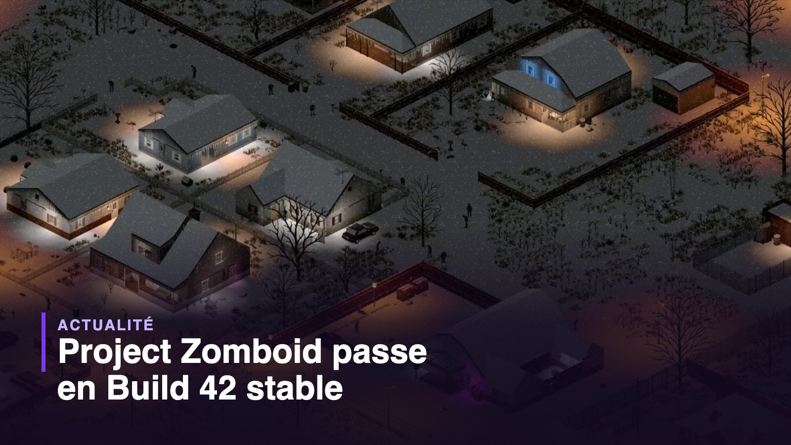 Vue isométrique nocturne et enneigée de la ville de Muldraugh dans Project Zomboid Build 42