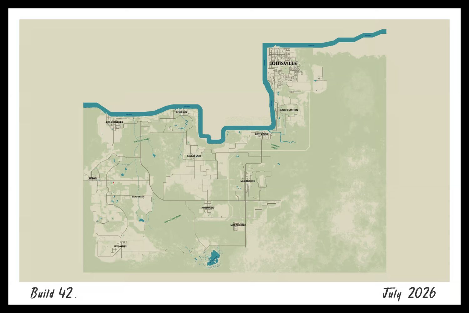 Carte vue de dessus de Knox Country dans Project Zomboid Build 42, montrant la surface de jeu étendue vers l'ouest