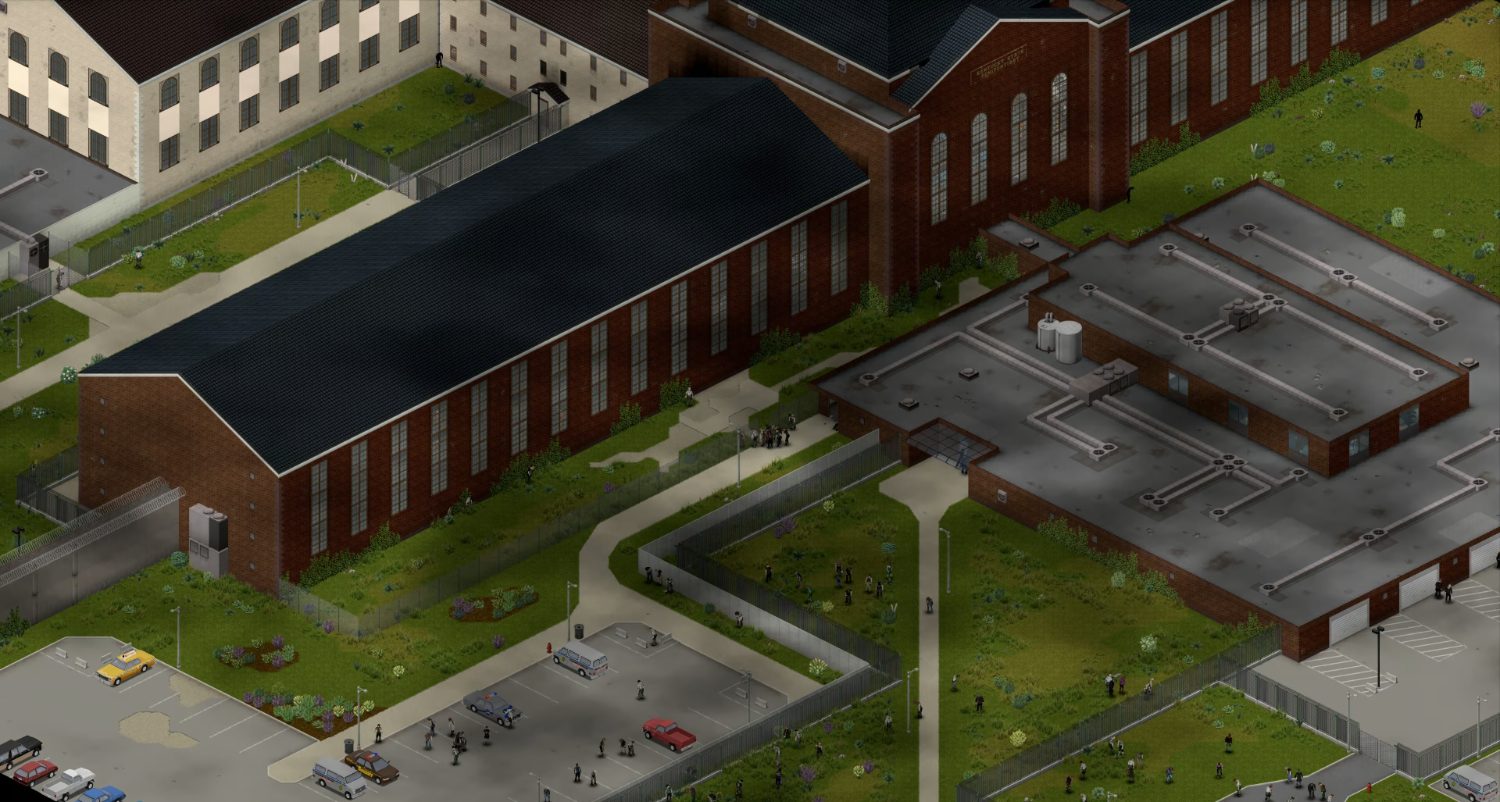 Vue isométrique du pénitencier d'État du Kentucky, nouveau lieu ajouté près de Rosewood dans Project Zomboid Build 42