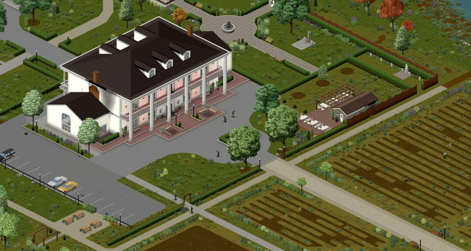Vue isométrique d'une plantation retravaillée aux abords de West Point dans Project Zomboid Build 42